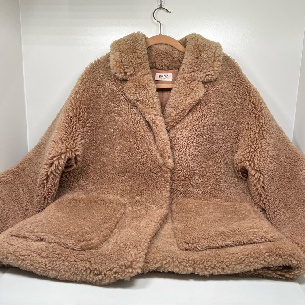 Yves Salomon Mateo Shearling Bomber Jacket Tan Size 42 US 4 100% Lamb Wool